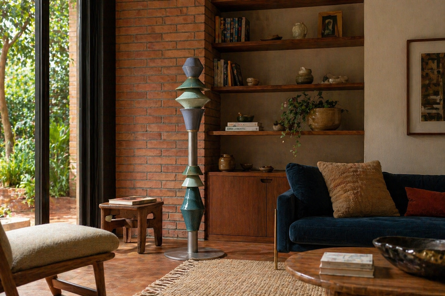 thi floor lamp in a sunlit living room with brick wall and blue sofa