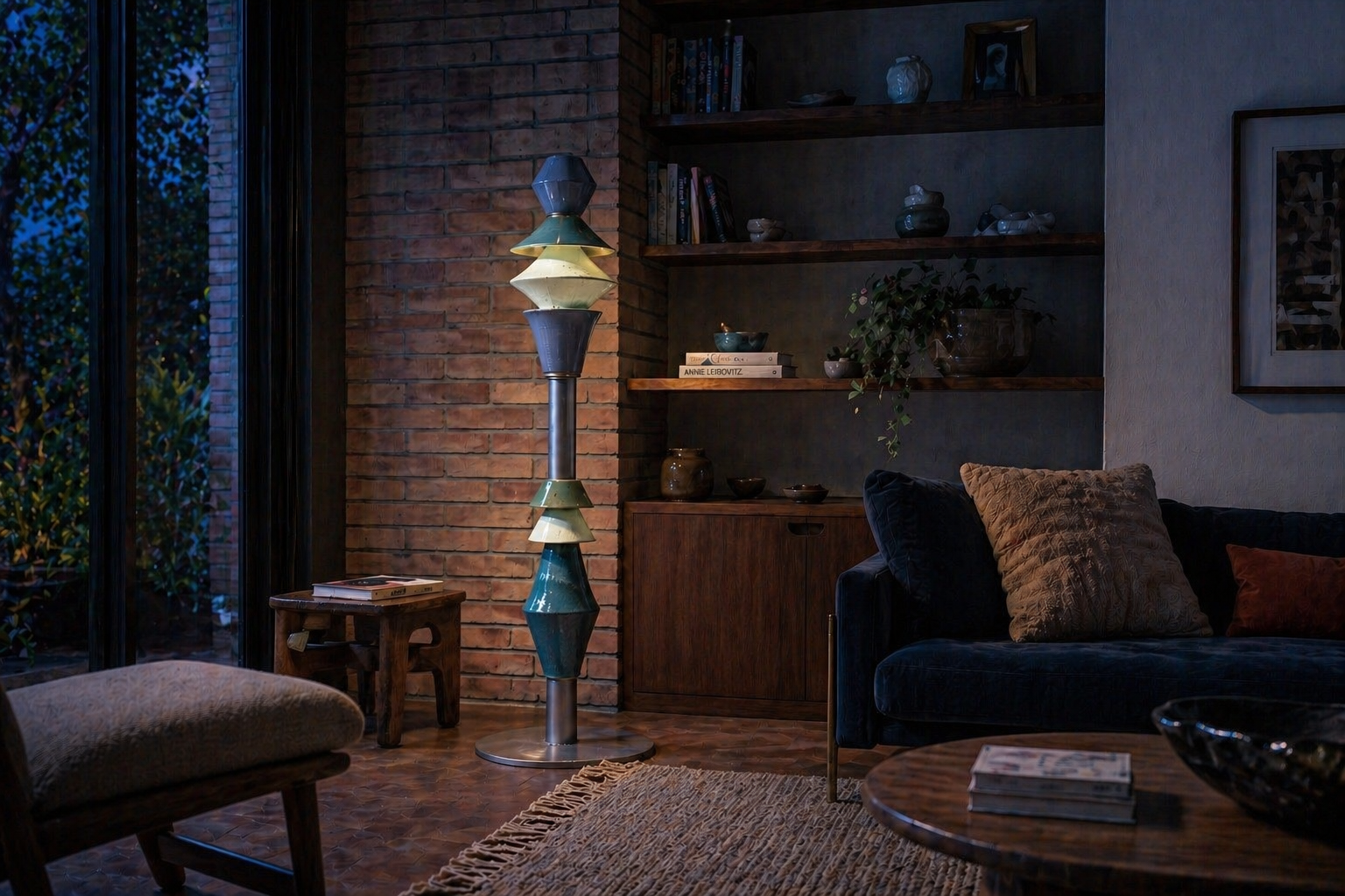 thi floor lamp glowing in a dim evening living room