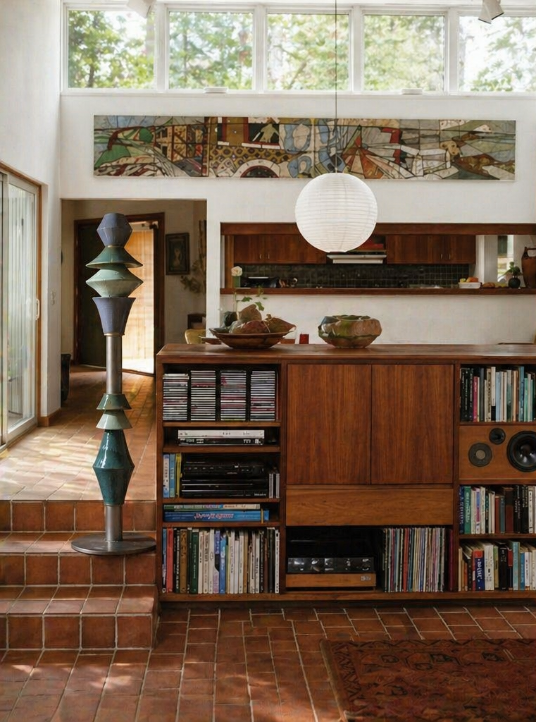 thi floor lamp beside a mid-century shelving unit with paper lantern
