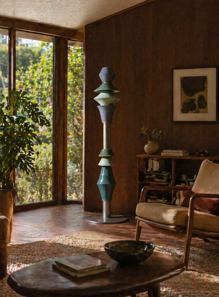 thi floor lamp in a wood-paneled room with garden view