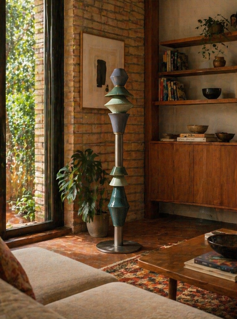 thi floor lamp by a brick wall with houseplant and wooden cabinet