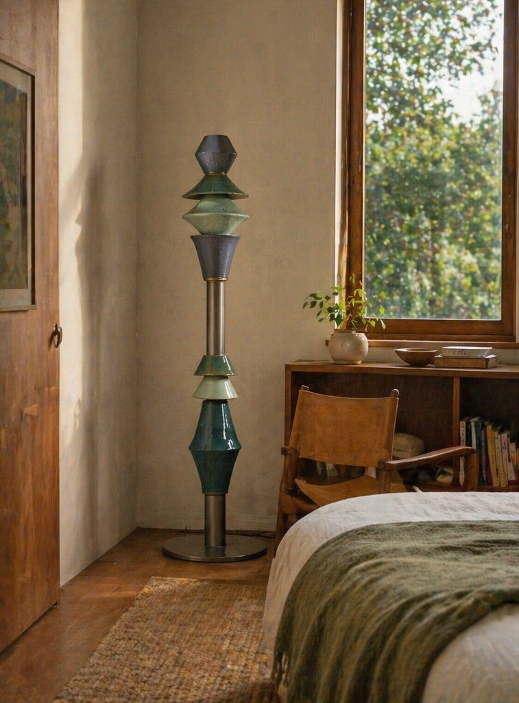 thi floor lamp in a quiet bedroom corner with green throw