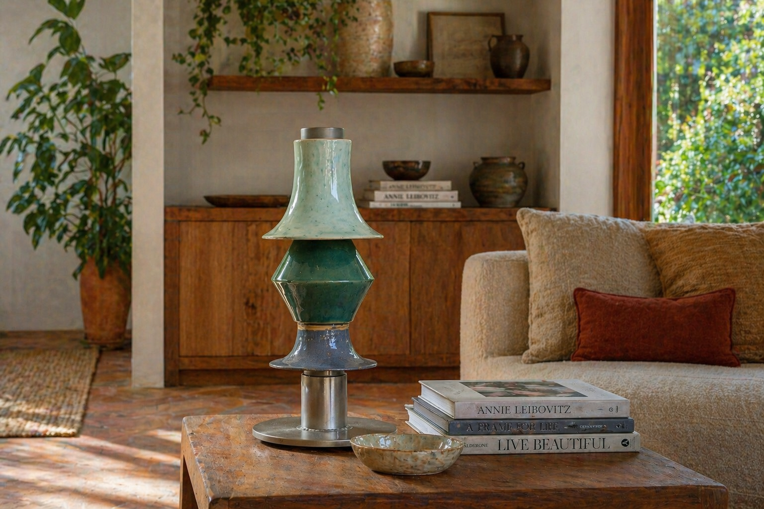 thi table lamp on a wooden coffee table in a sunlit living room with art books