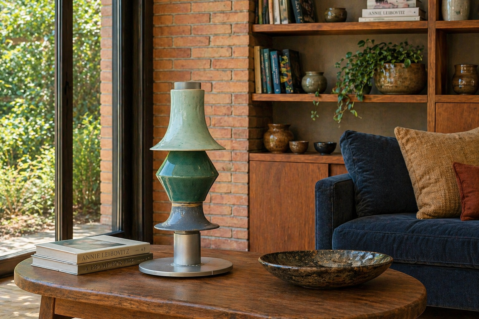 thi table lamp on a round wooden table by a brick wall and bookshelf