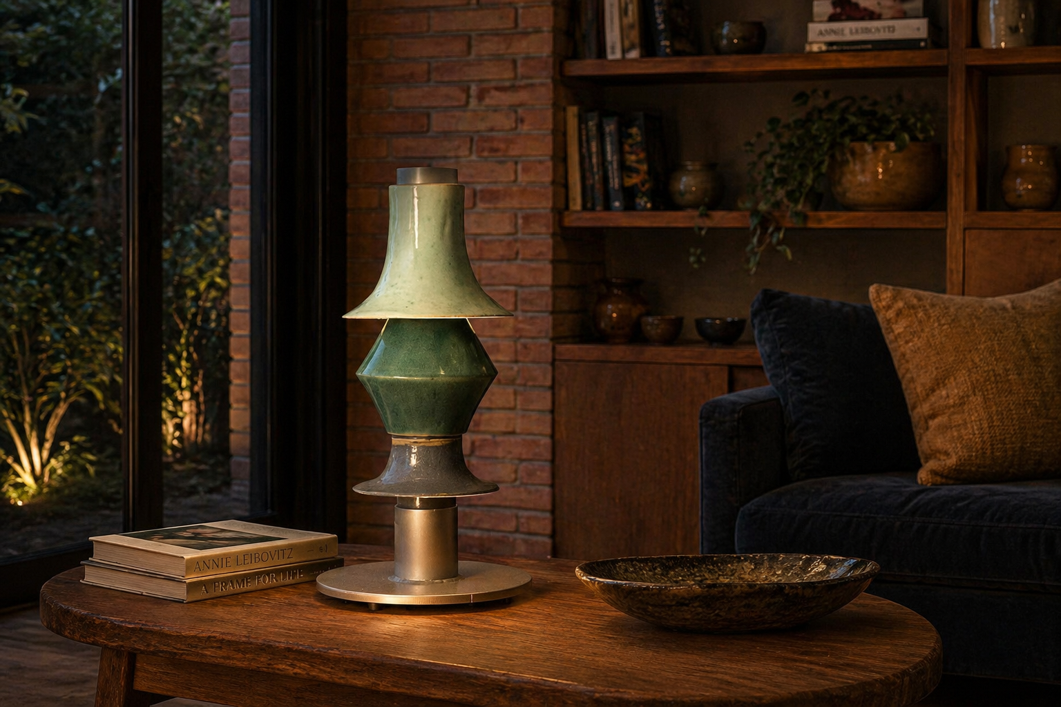 thi table lamp glowing on a round wooden table at night