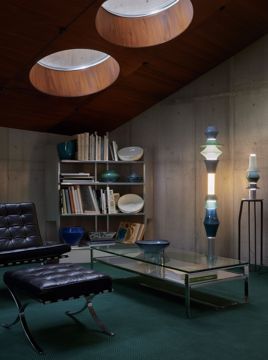 thi illuminated ceramic floor and table lamps in a concrete walnut lounge at night