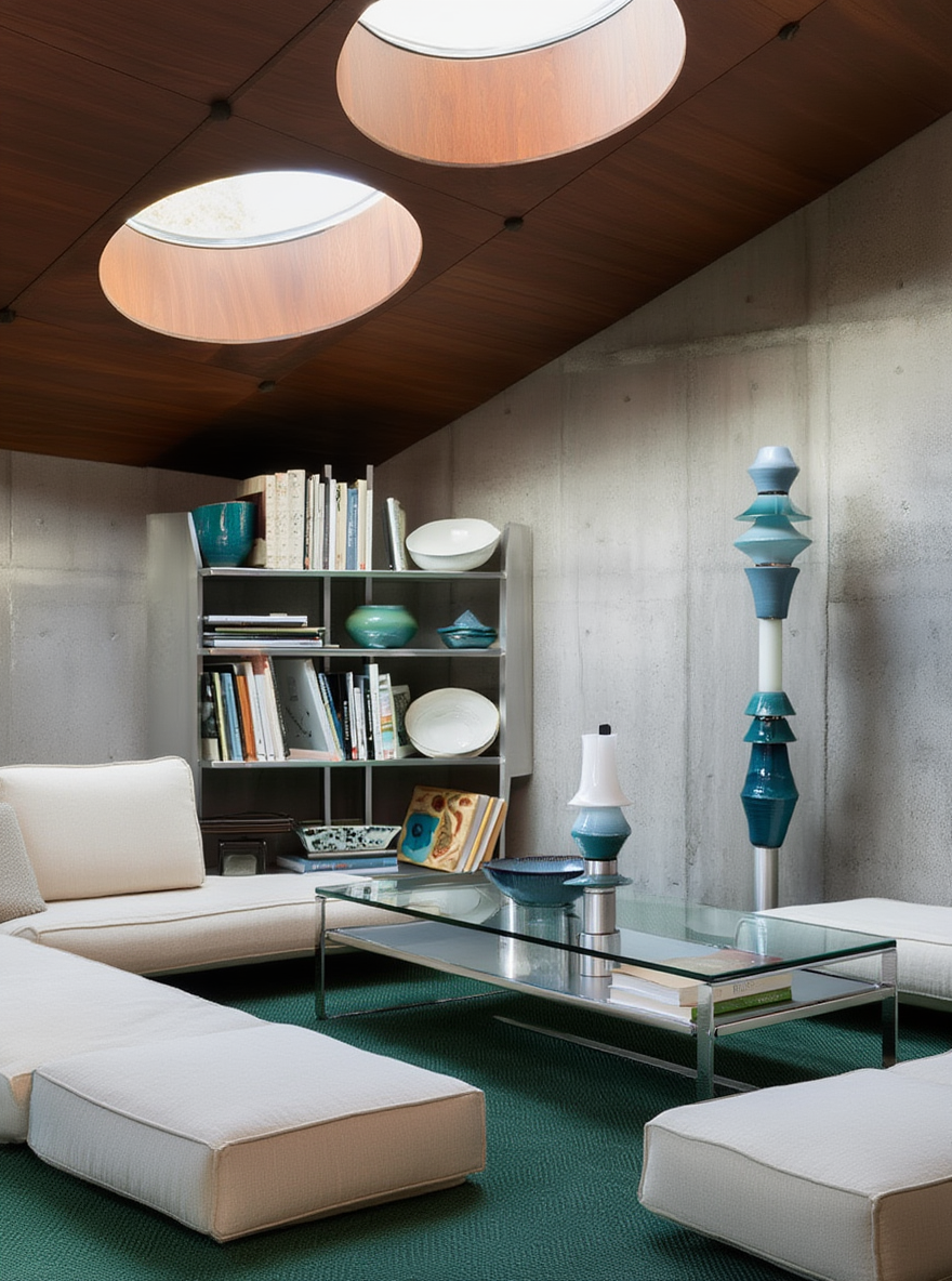 thi sculptural ceramic floor lamp in a sunken lounge with concrete walls and skylights