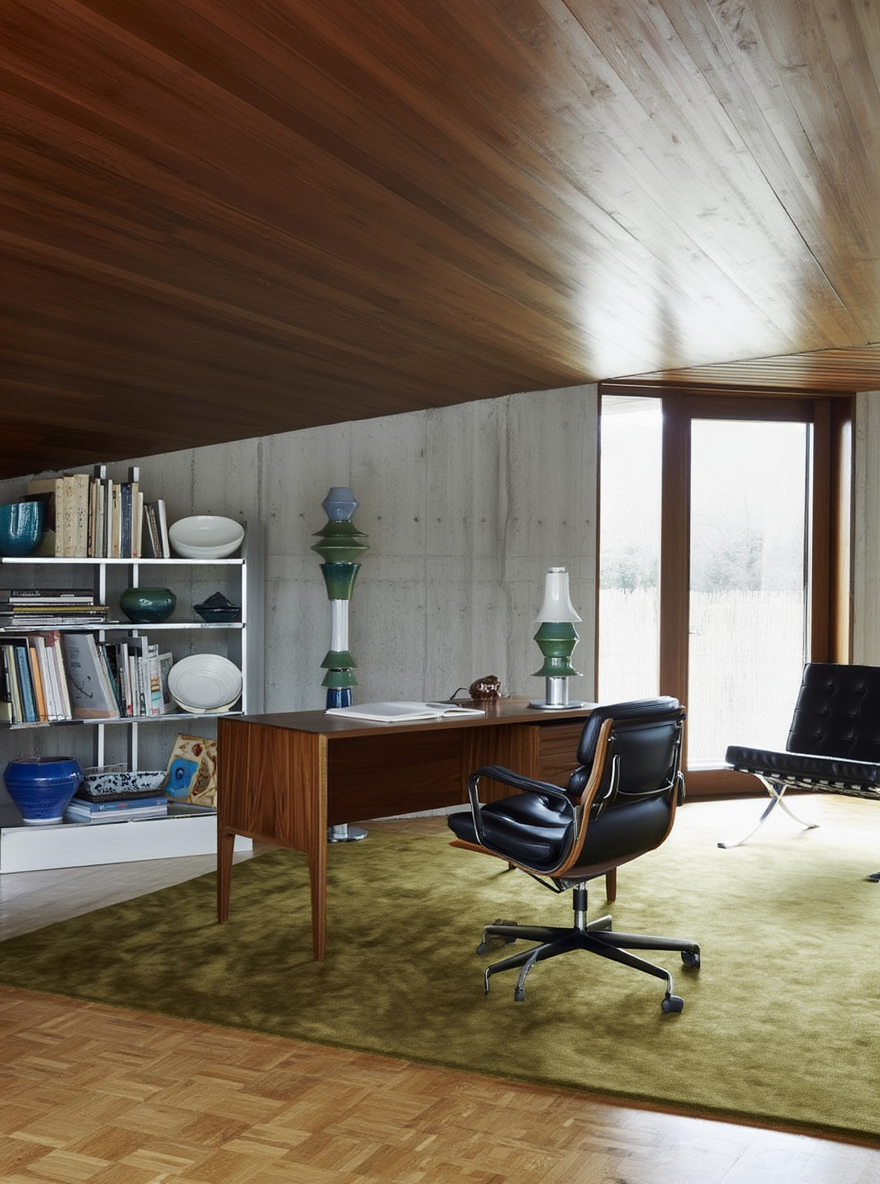 thi ceramic lamps on a walnut desk in a concrete-walled study with garden view