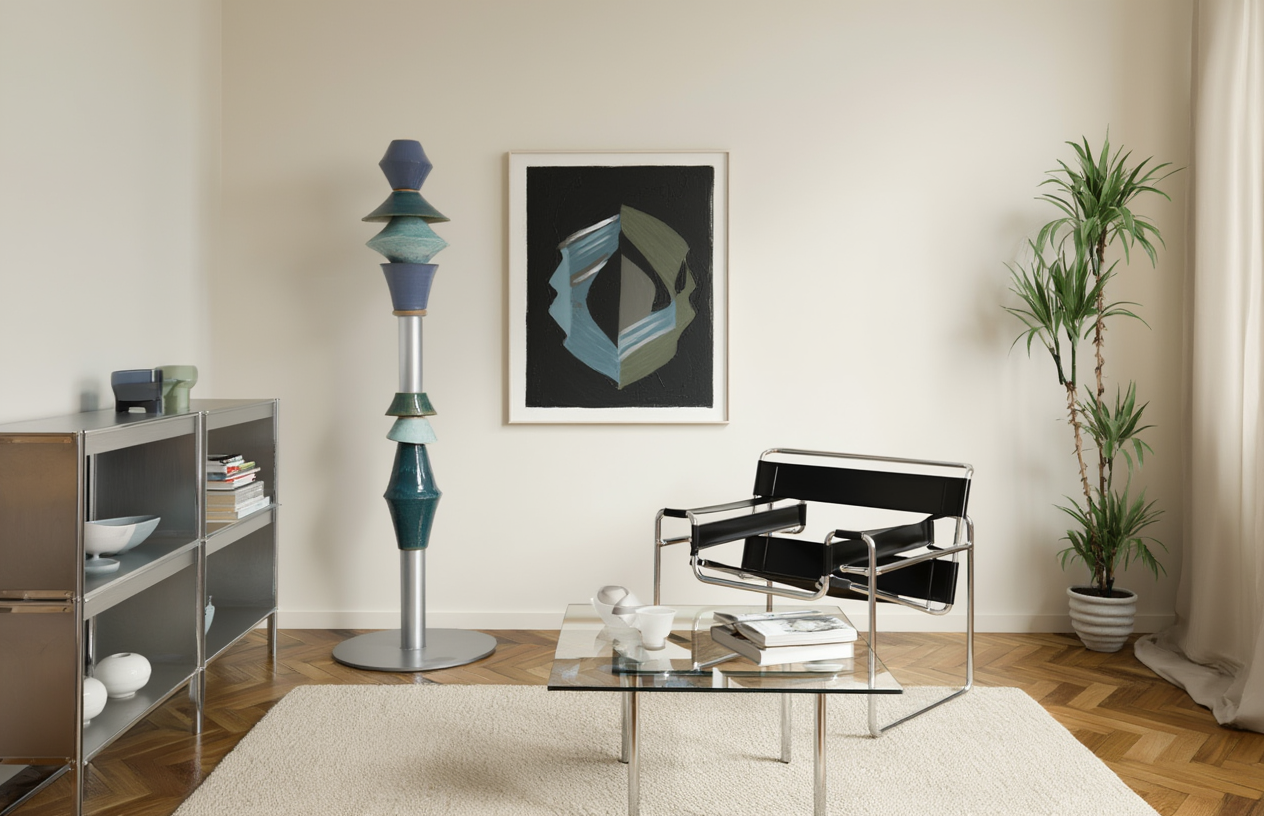 thi sculptural ceramic floor lamp in a Bauhaus-inspired apartment with Wassily chair and abstract painting